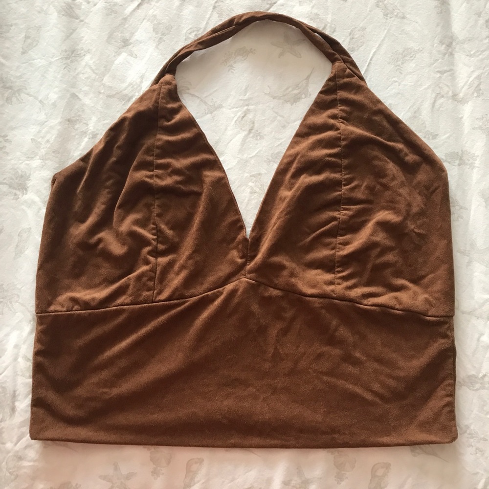 Brown suede crop top. Crisscross open back.